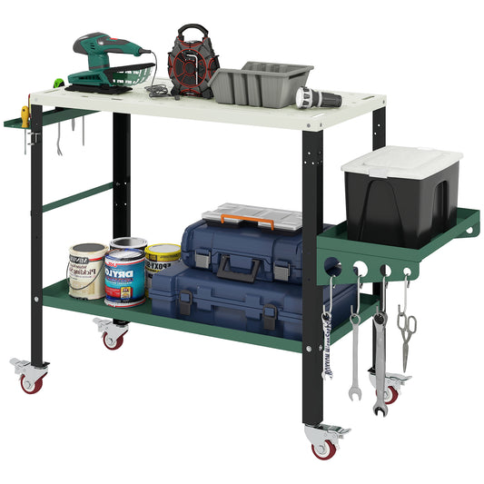 2Tier Rolling Tool Cart with Wheels, Lockable Steel Heavy Duty Cart with Side Tray, Silver & Green