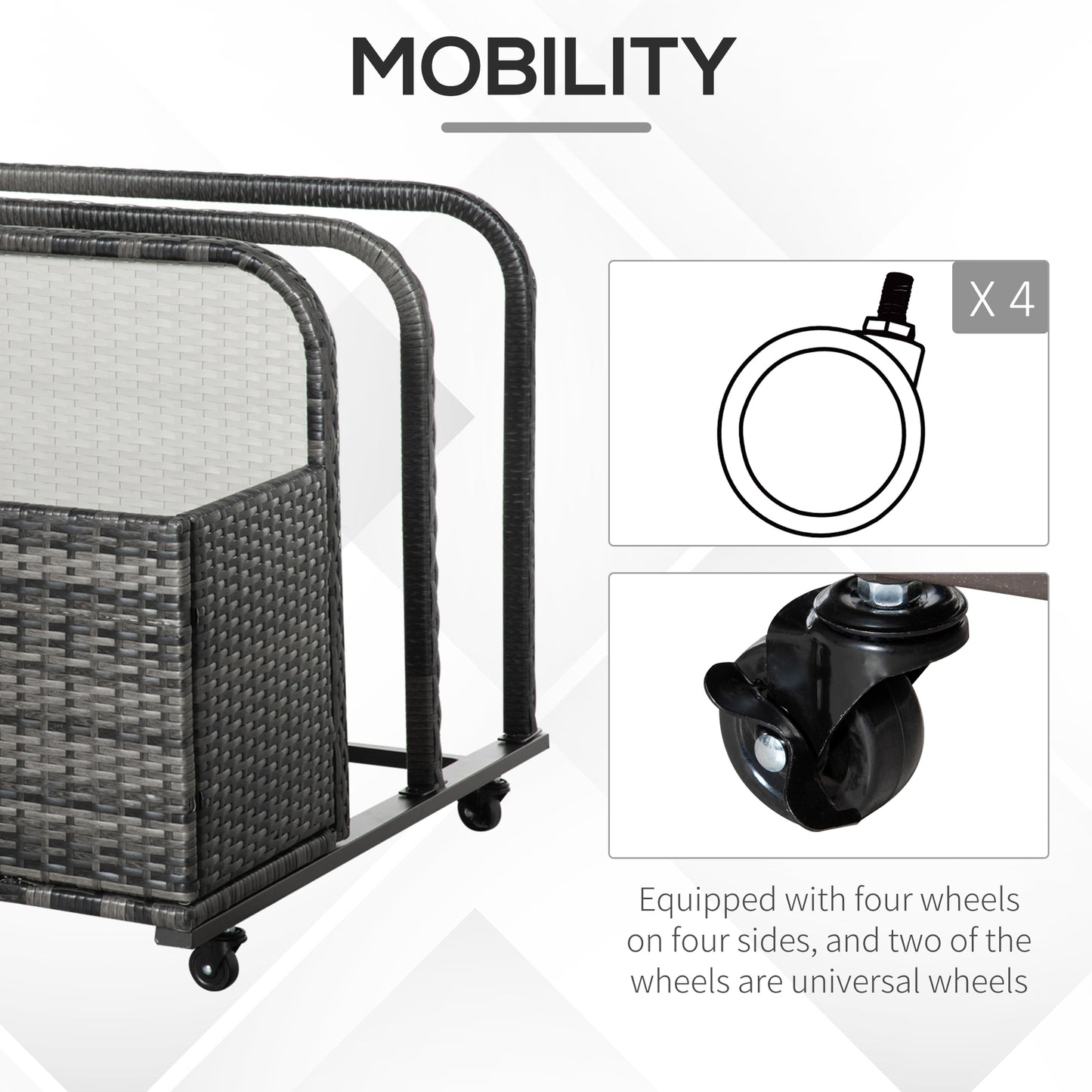 Rolling Pool Storage Rattan Patio Furniture Outdoor Storage Wicker Organizer for Floats, Paddles, Balls, Towels, Grey