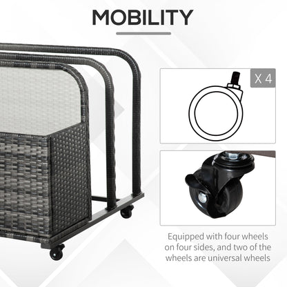 Rolling Pool Storage Rattan Patio Furniture Outdoor Storage Wicker Organizer for Floats, Paddles, Balls, Towels, Grey