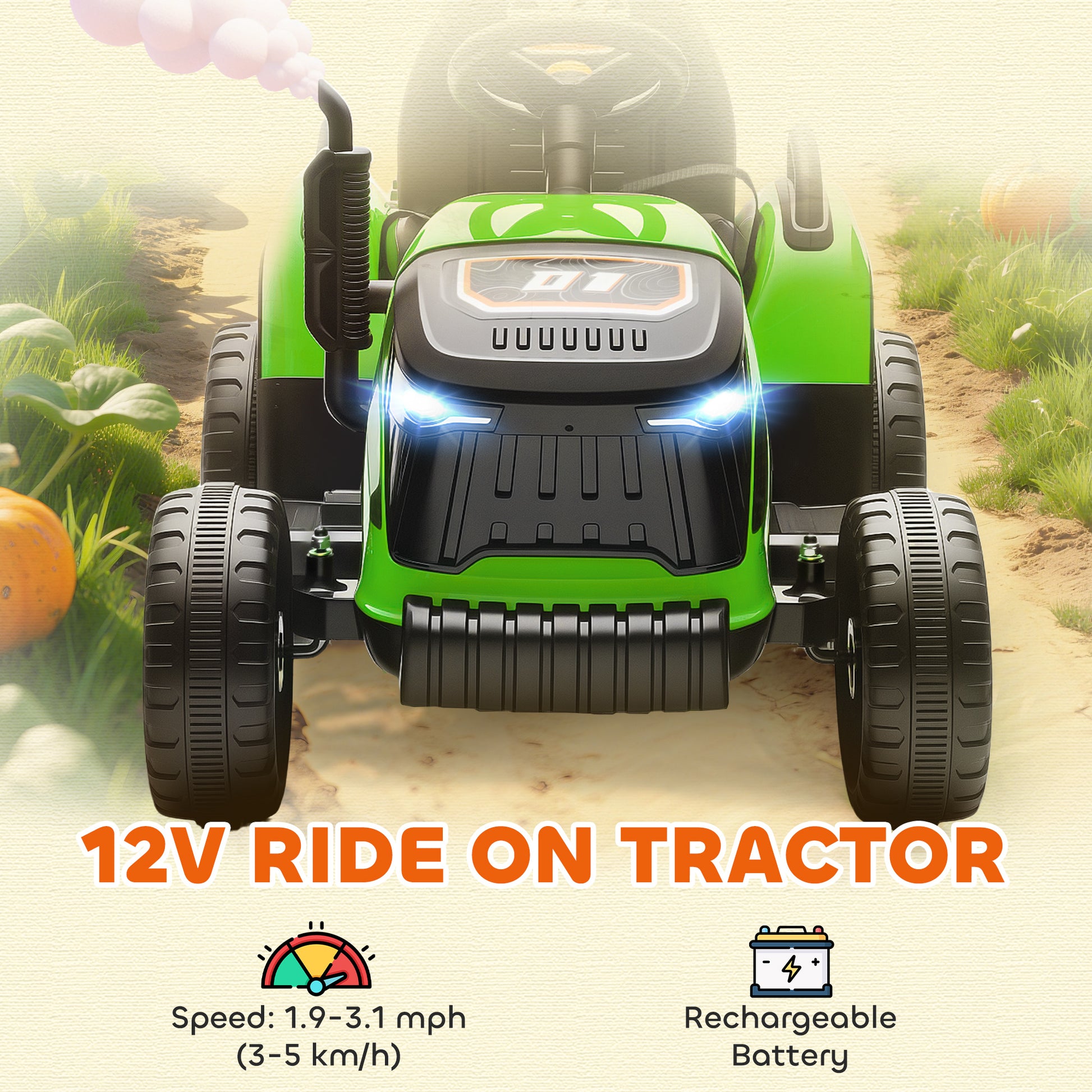 Qaba 12V Kids Ride On Tractor with Trailor, Remote Control, Music, Lights, Shifter, for Kids Ages 3-8 Years, Green