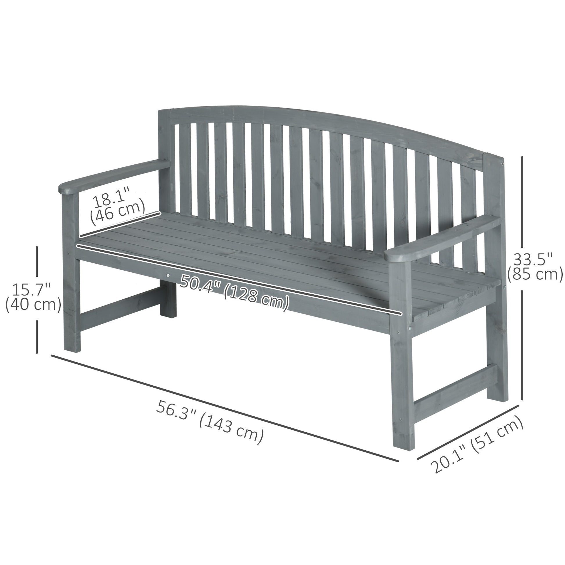 Wooden Bench, Outdoor Bench with Slatted Design, Backrest, Armrests for Garden, Park, Backyard, Grey