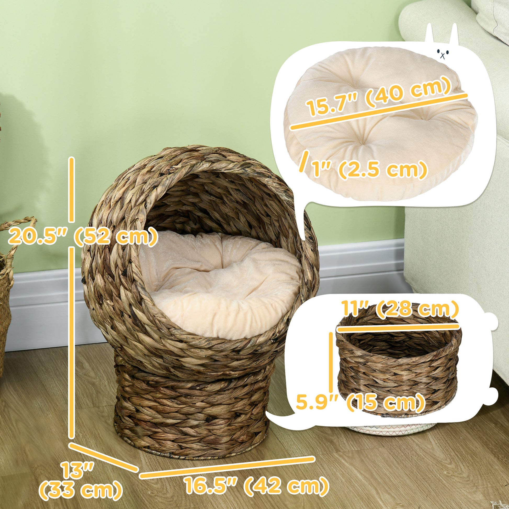 Wicker Cat Bed with Cushion, Stand, for Indoor Cats, Dark Brown