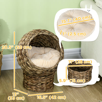 Wicker Cat Bed with Cushion, Stand, for Indoor Cats, Dark Brown
