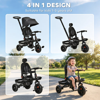 Qaba Tricycle for Toddler 4 in 1 Kids Trike, Foldable Converts Stroller to Toddler Bike, Adjustable Backrest & Curved Canopy, Detachable Guardrail & Handle for 1-5 Years Old, Black