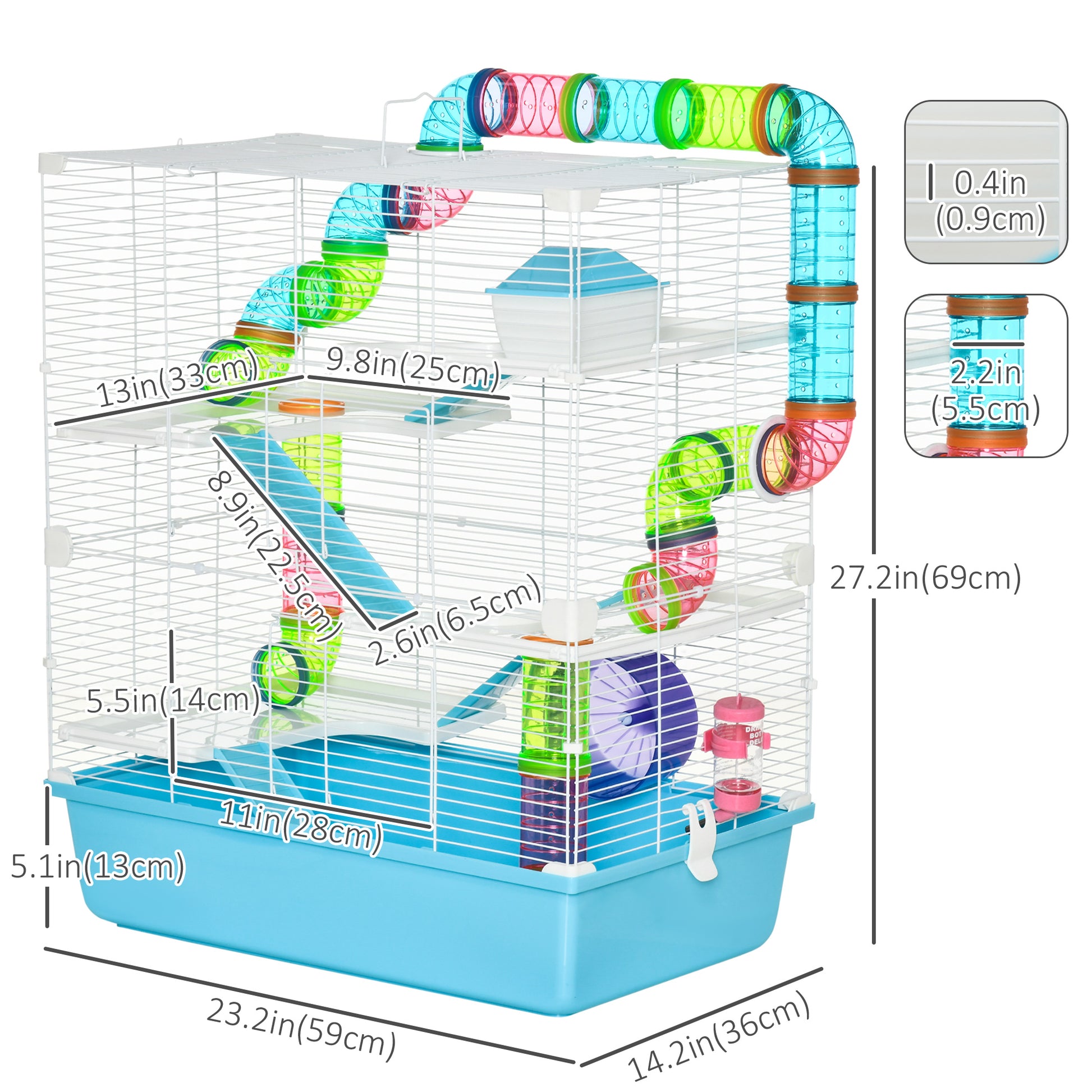 23" Large Hamster Cage, Small Animal House, 5-Level Gerbil Haven, Tunnel Tube System, with Water Bottle, Exercise Wheel, Food Dish, Ramps, 2 Doors, Light Blue
