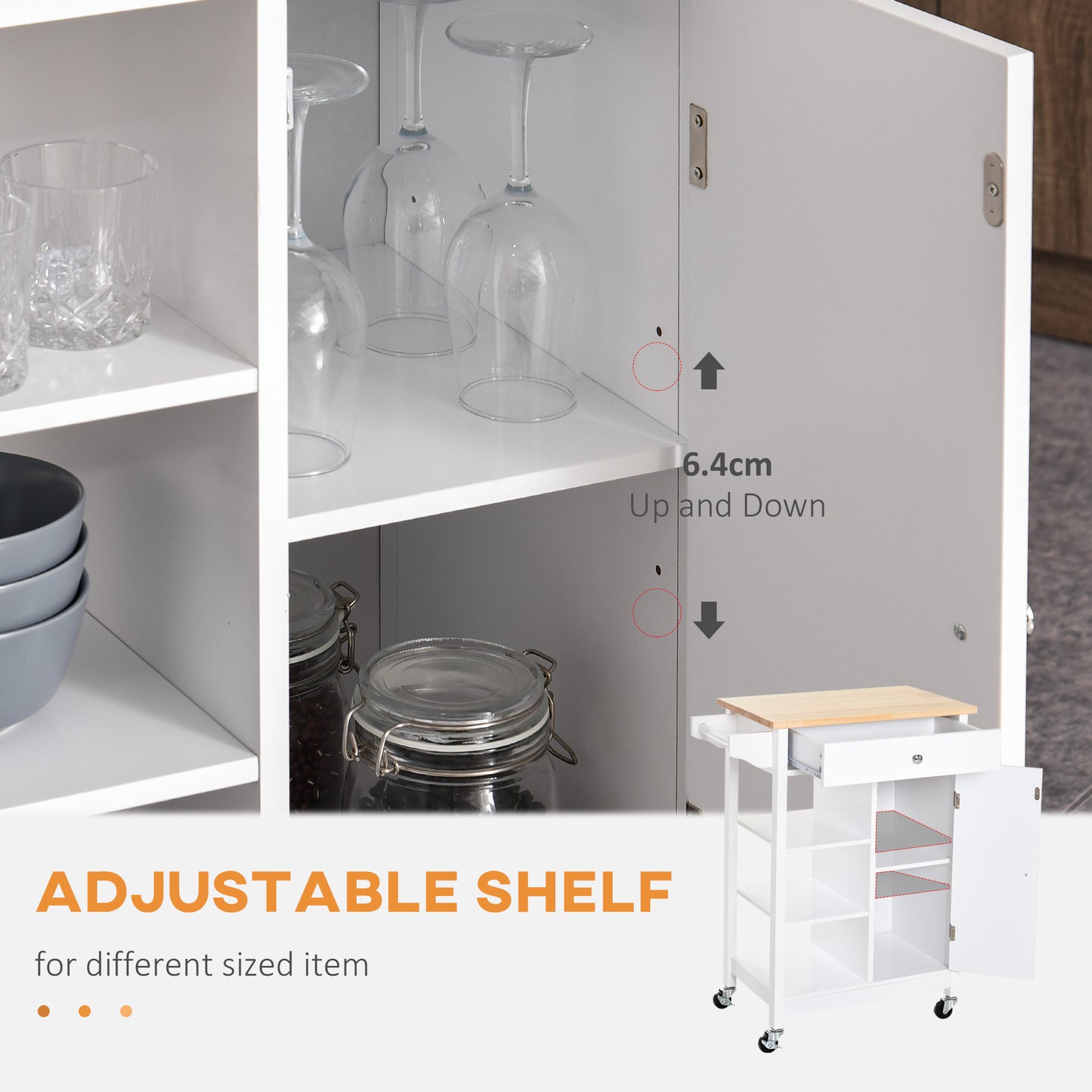 Modern Rolling Kitchen Island Cart with Drawer, Natural Wood Top, Towel Rack, Door Storage Cabinet, White