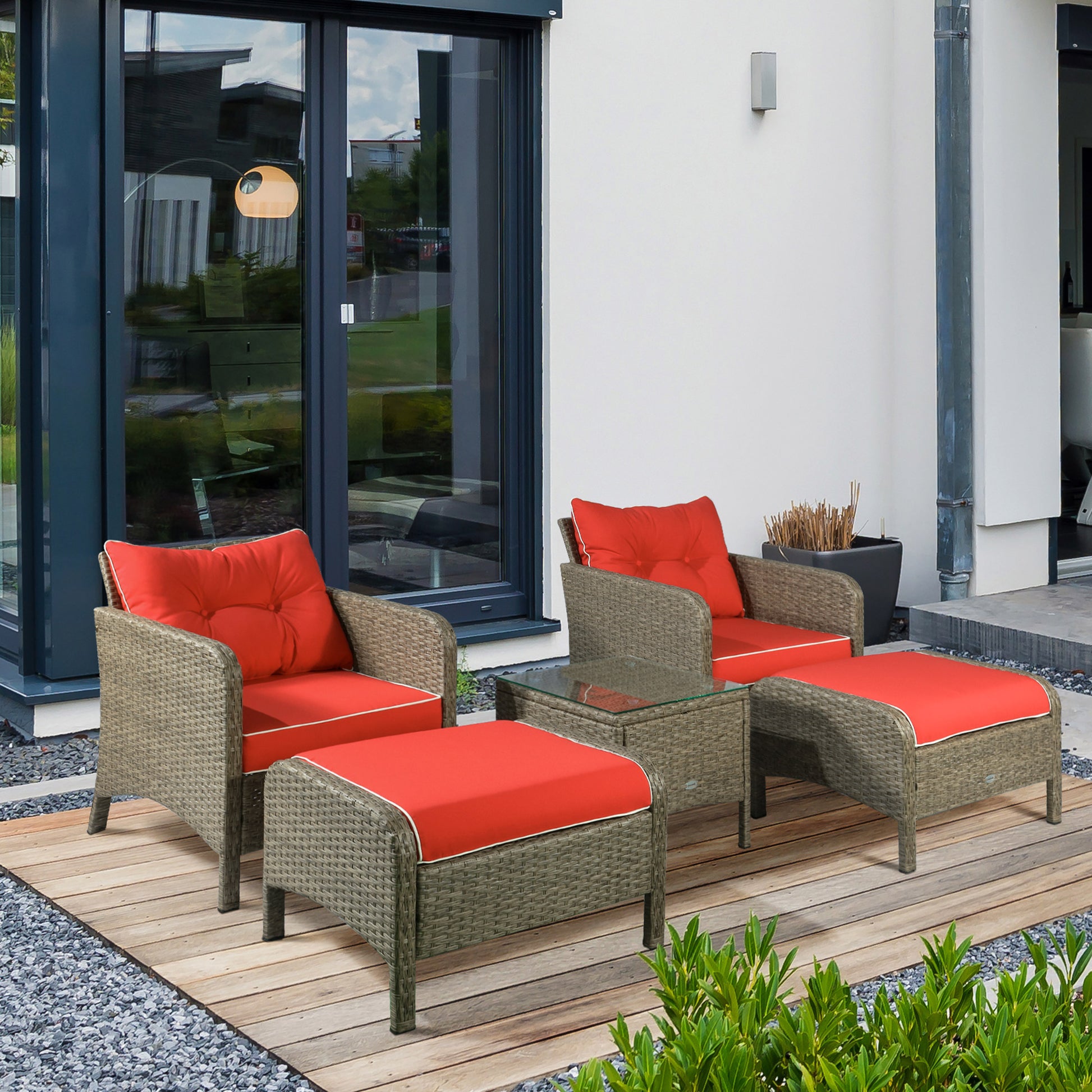5 Pieces Wicker Patio Furniture Sofa Set Thick Padded Cushions, Outdoor PE Rattan Conversation Coffee Set with Armchairs, Footstools and Glass Top Table, Red