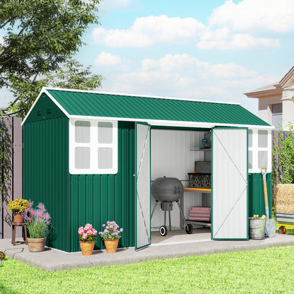 12' x 5.5' Metal Garden Storage Shed, Outdoor Tool Storage House with Lockable Door, Vents, Sloped Roof, Green