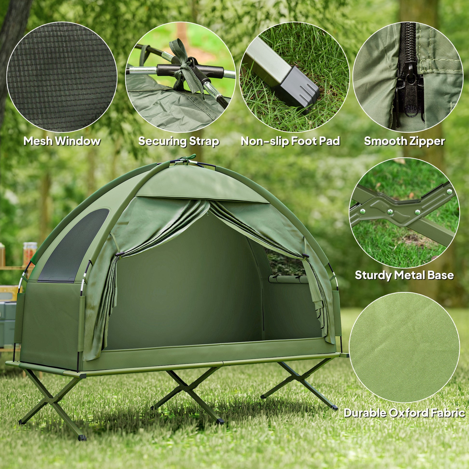 Compact Pop Up Portable Folding Outdoor Elevated Camping Cot Tent Combo Set Dark Green