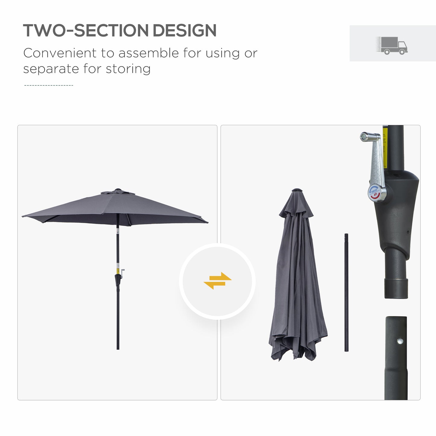8.5FT Patio Umbrella, Round Garden Parasol with 6 Ribs, Market Sunshade Tilt Canopy w/ Crank Handle for Outdoor, Grey