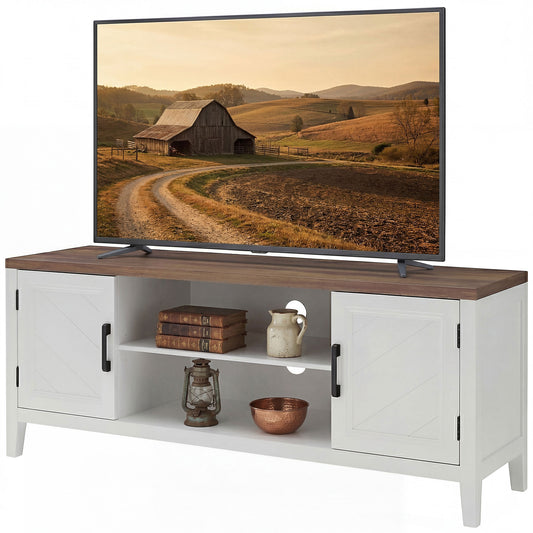 TV Stand for TVs up to 55 Inch, Entertainment Center with 2 Open Shelves, 2 Cabinets, Thick Top, White and Brown