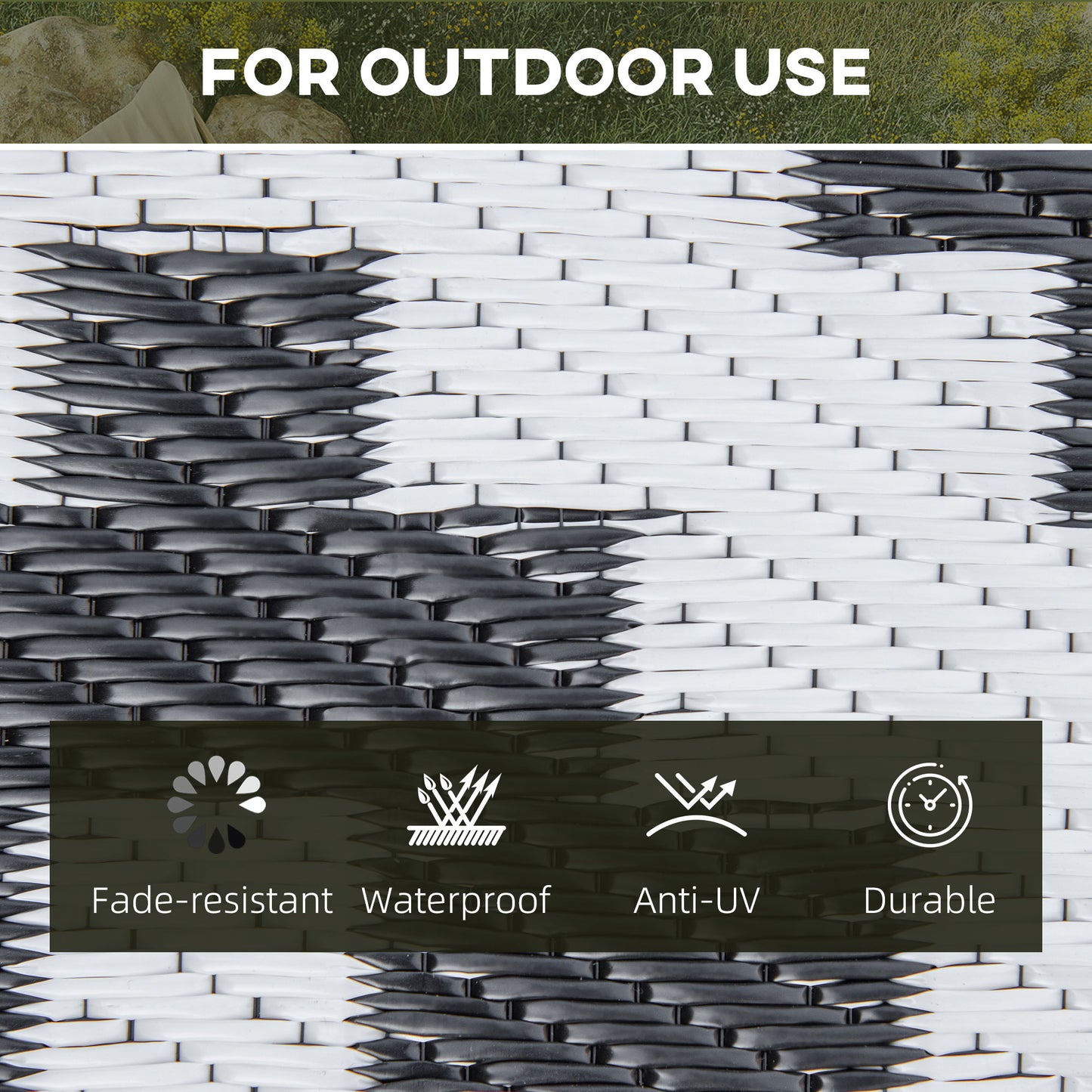 Reversible Outdoor RV Rug, Patio Floor Mat, 6' x 9' Plastic Straw Rug for Backyard, Deck, Beach, Camping, Black & White