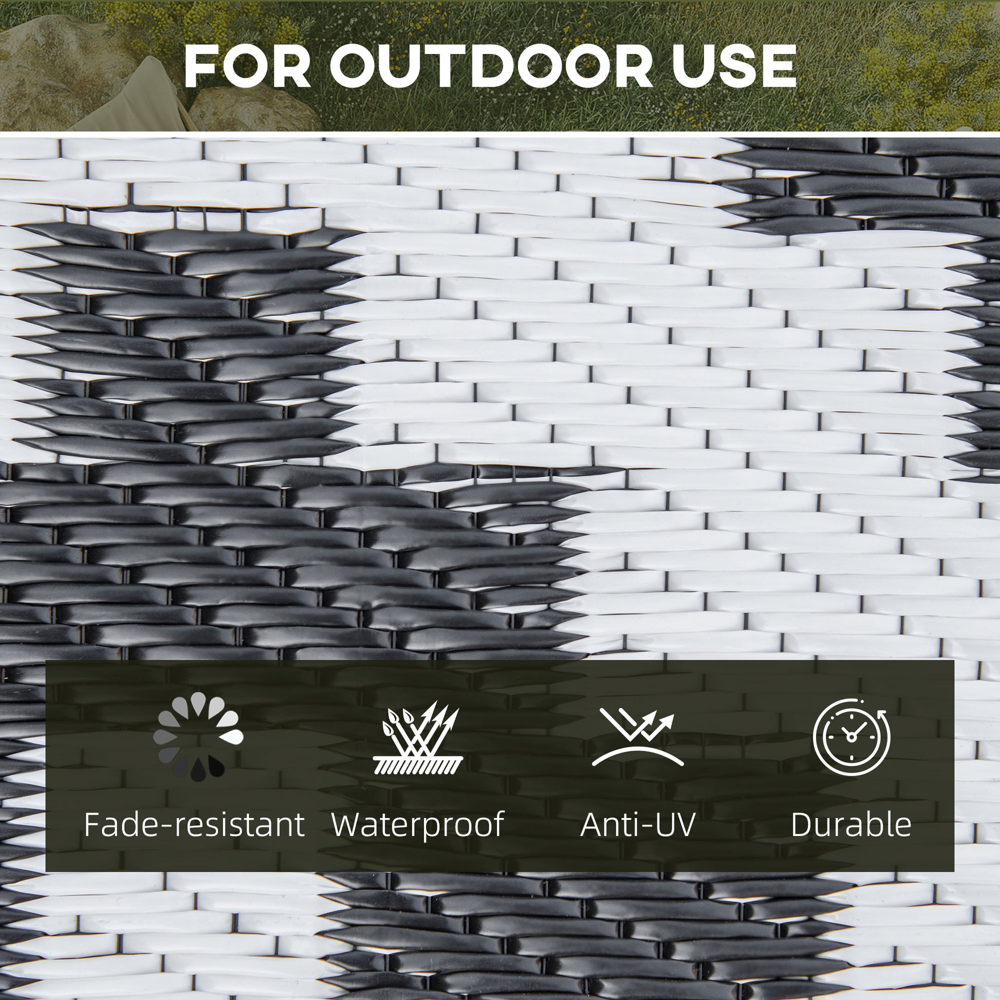 Reversible Outdoor RV Rug, Patio Floor Mat, 6' x 9' Plastic Straw Rug for Backyard, Deck, Beach, Camping, Black & White