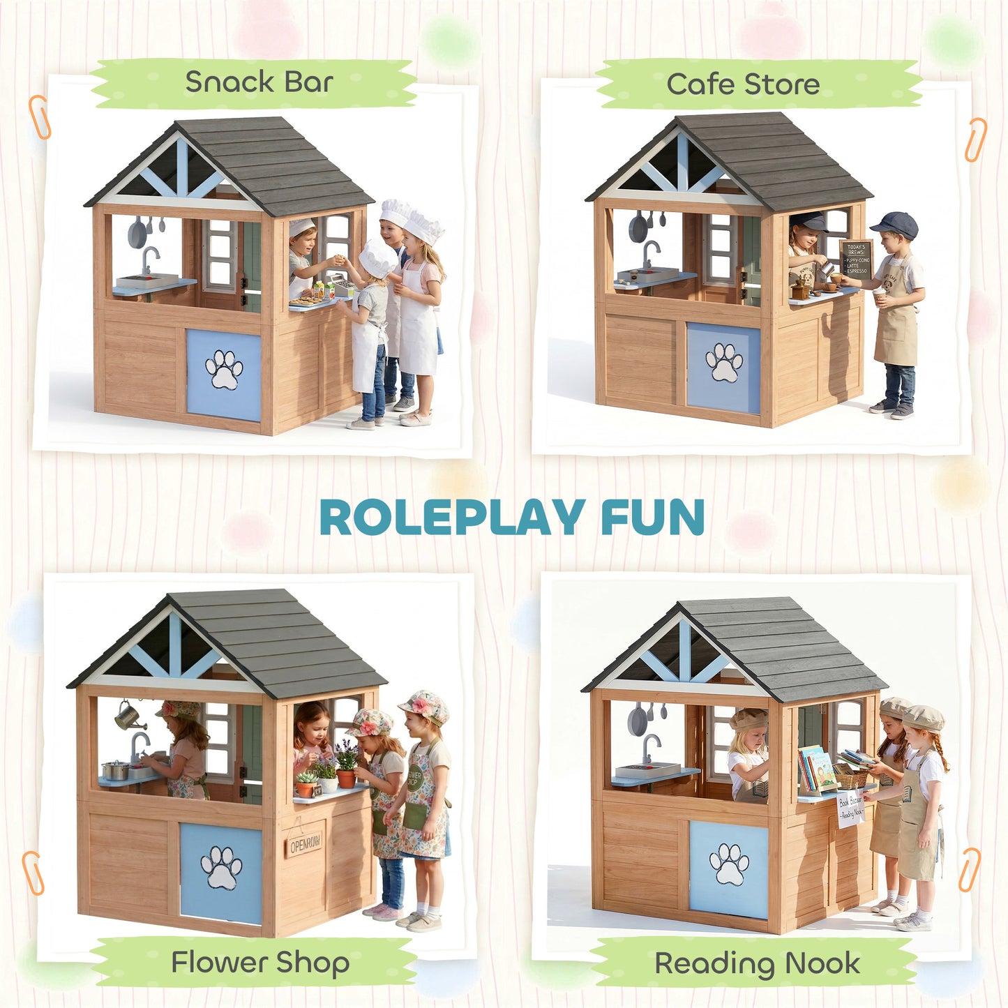 Qaba Kids Outdoor Playhouse, Wooden Cottage Play House with Pet Door, Play Kitchen, Half Door and Windows for Indoor Outdoor