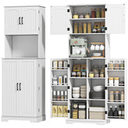 71.5" Tall Pantry Cabinet, Farmhouse Kitchen Storage Cabinet with Adjustable Shelves, 8 Door Spice Racks, White