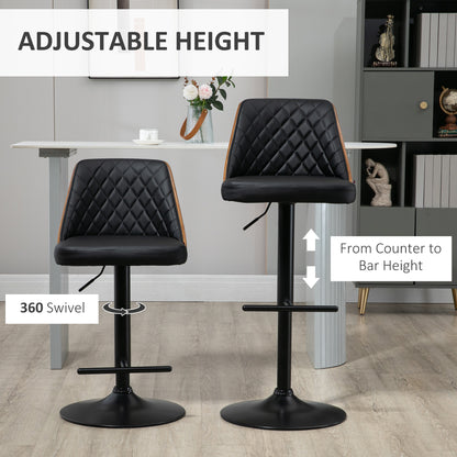Modern Bar Stools PU Leather Set of 2 Swivel Bar Height Barstools Chairs with Adjustable Height, Round Heavy Metal Base and Footrest, Black