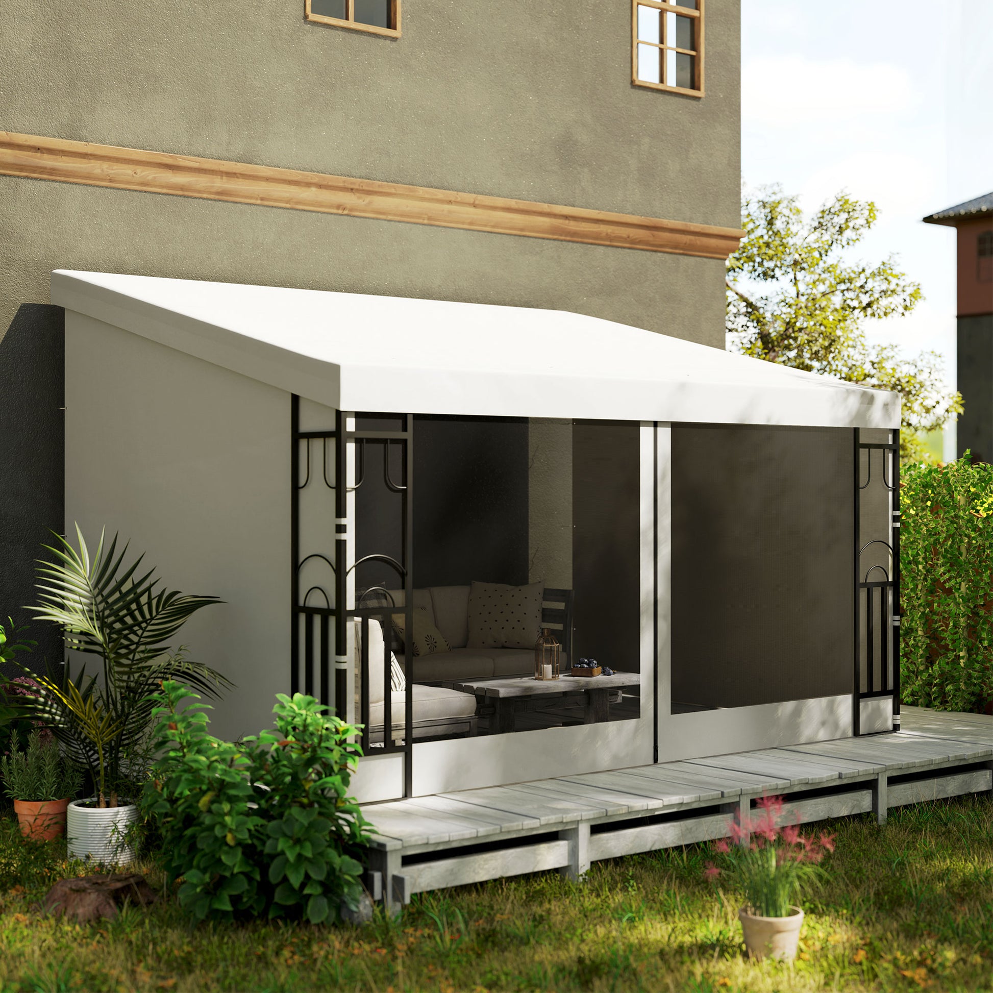 10' x 13' Wall Pergola, Outdoor Gazebo with 2 Curtains and 2 Nettings, UV Resistant, for Patio, Deck, Beige