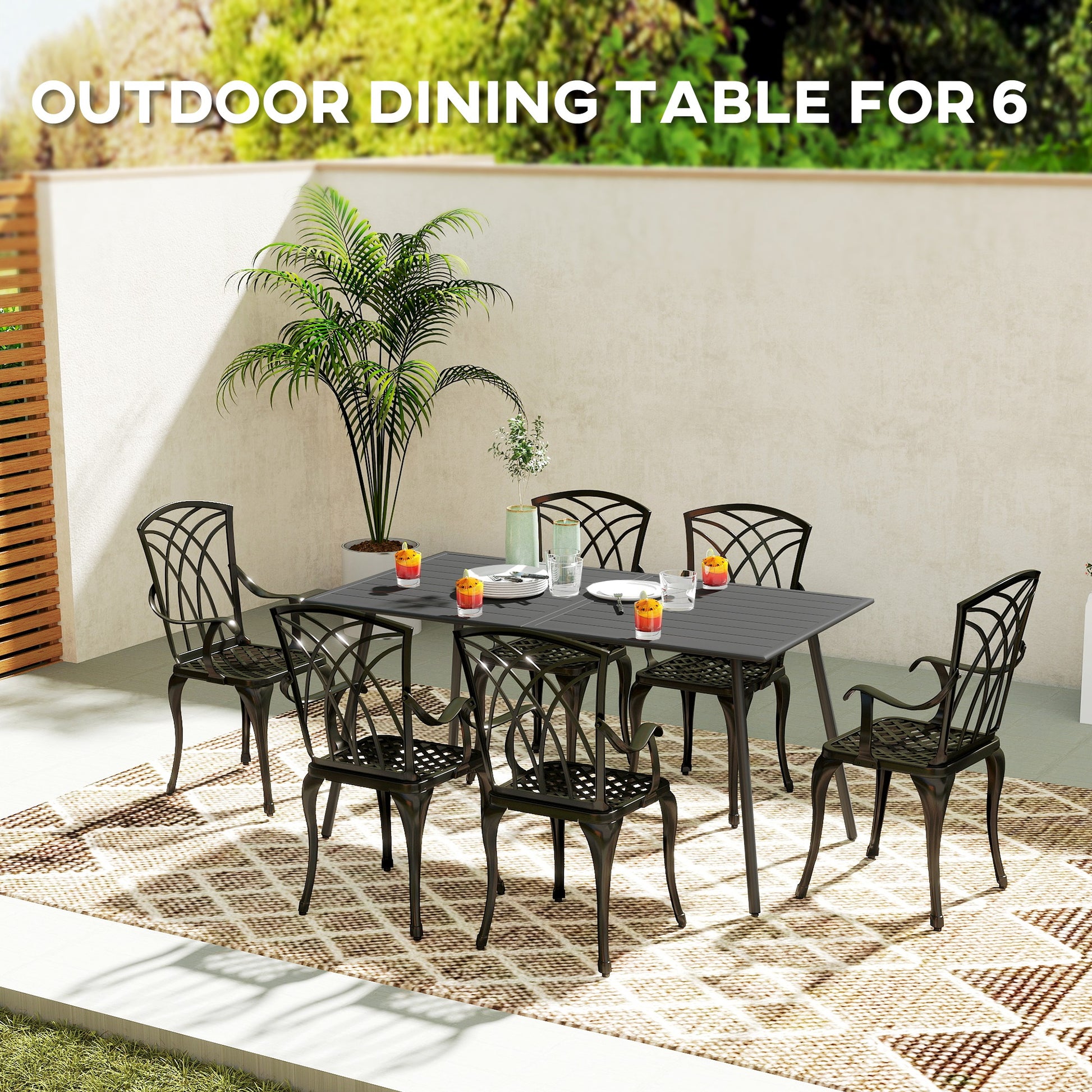 Rectangle Patio Dining Table for 6 Person, Metal Steel Slat Outdoor Table, for Lawn, Garden, 59" x 31.5" x 29", Grey