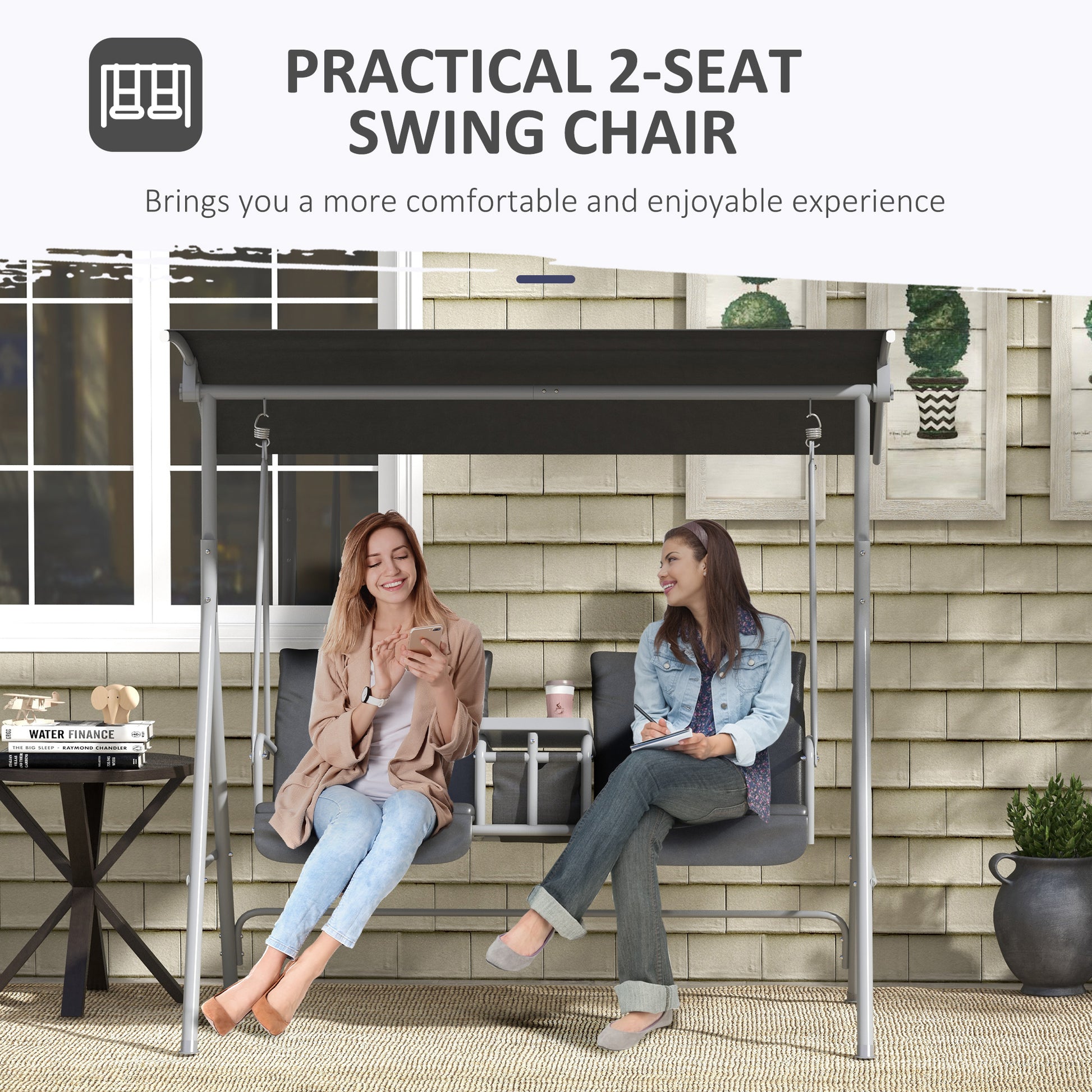 2-Seater Outdoor Porch Swing with Adjustable Canopy and Table, Patio Swing Chair for Garden, Poolside, Backyard, Grey