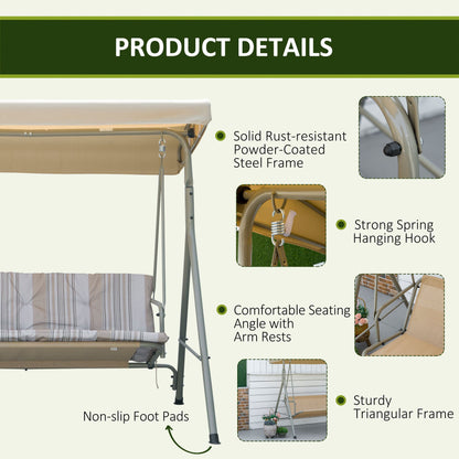 3-Seat Patio Swing Chair, Outdoor Porch Swing Glider with Adjustable Canopy, Light Brown
