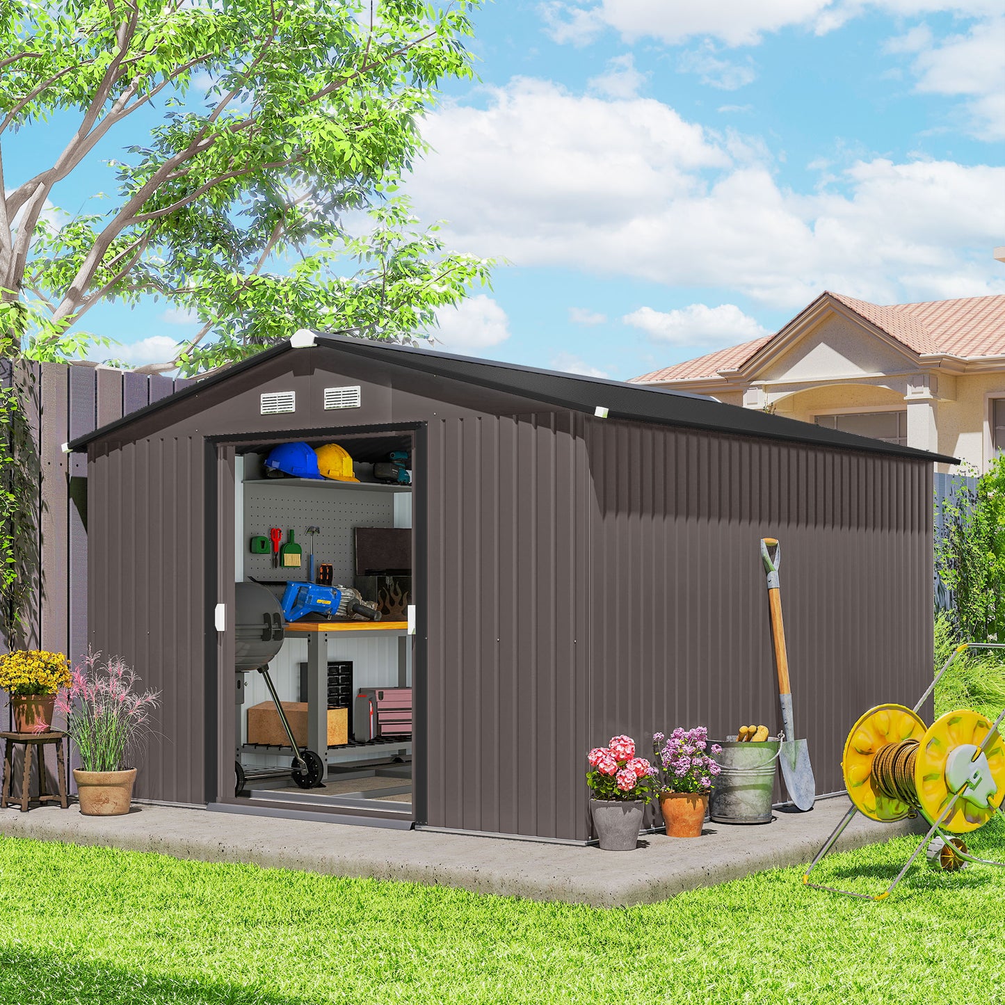 9' x 10.6' Garden Storage Shed w/ Foundation Kit Metal Tool Storage House w/ Double Doors Brown