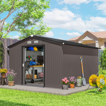 9' x 10.6' Garden Storage Shed w/ Foundation Kit Metal Tool Storage House w/ Double Doors Brown