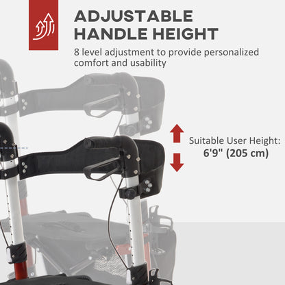 Lightweight Folding Rolling Walker with Large Seat, Back, Adjustable Handle, Bag, Dual Brake, Cane Holder, Red