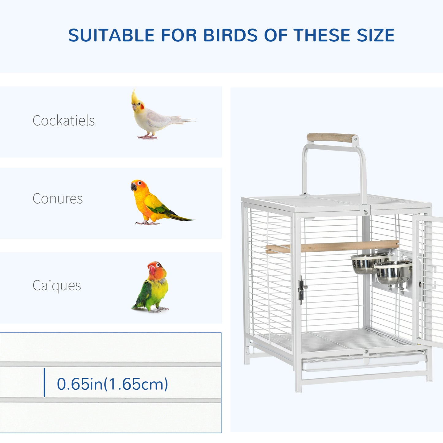 Bird Travel Carrier Cage, Portable Metal Bird Cage for Parrots Conures Cockatiel Parakeets with Stand Perch, Stainless Steel Bowls, Pull Out Tray, 19" x 15" x 26", White