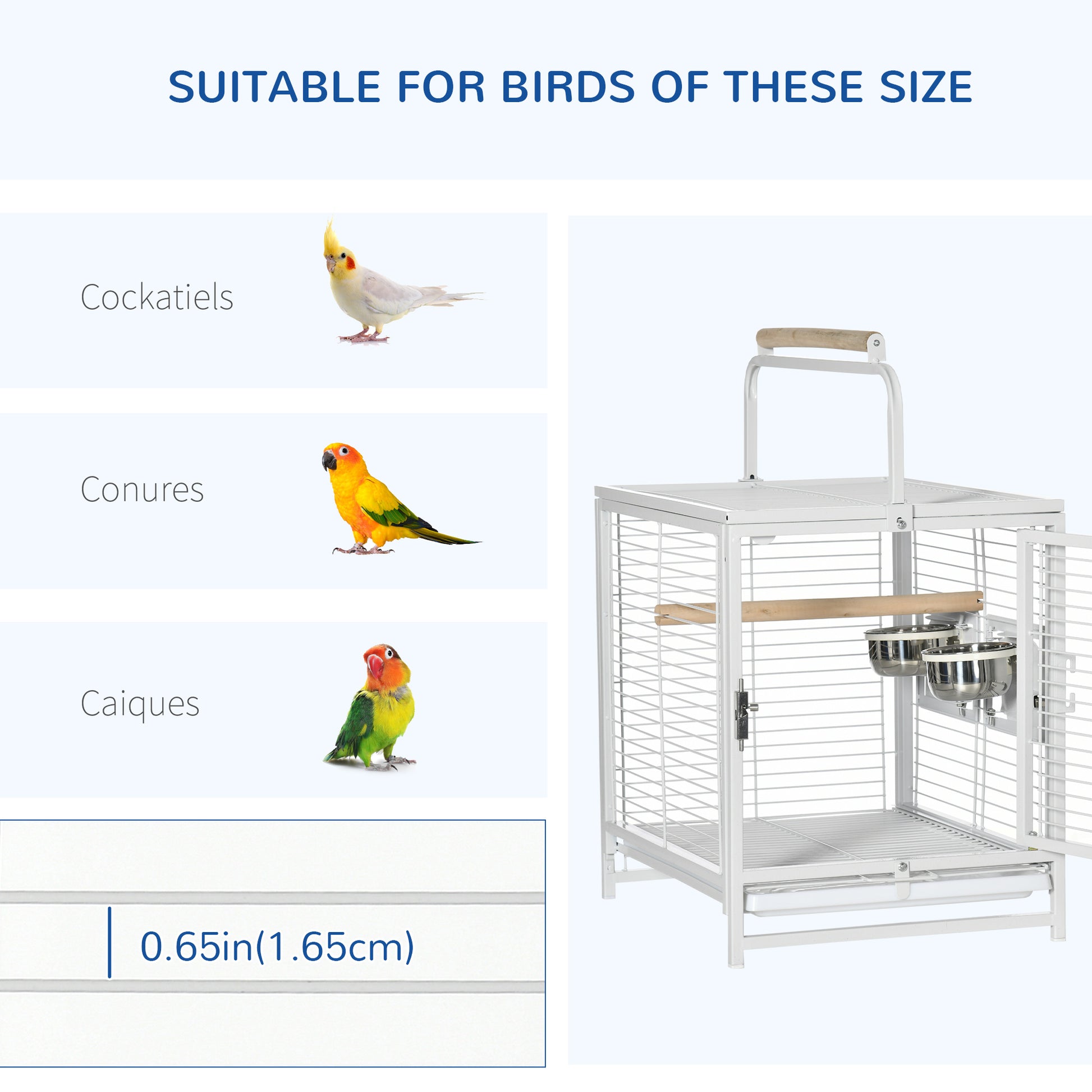 Bird Travel Carrier Cage, Portable Metal Bird Cage for Parrots Conures Cockatiel Parakeets with Stand Perch, Stainless Steel Bowls, Pull Out Tray, 19" x 15" x 26", White