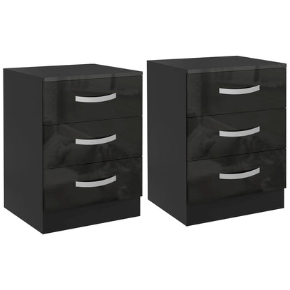 Bedside Table Set of 2, Modern Nightstand with Drawers and High Gloss Fronts, Night Table for Bedroom, Black