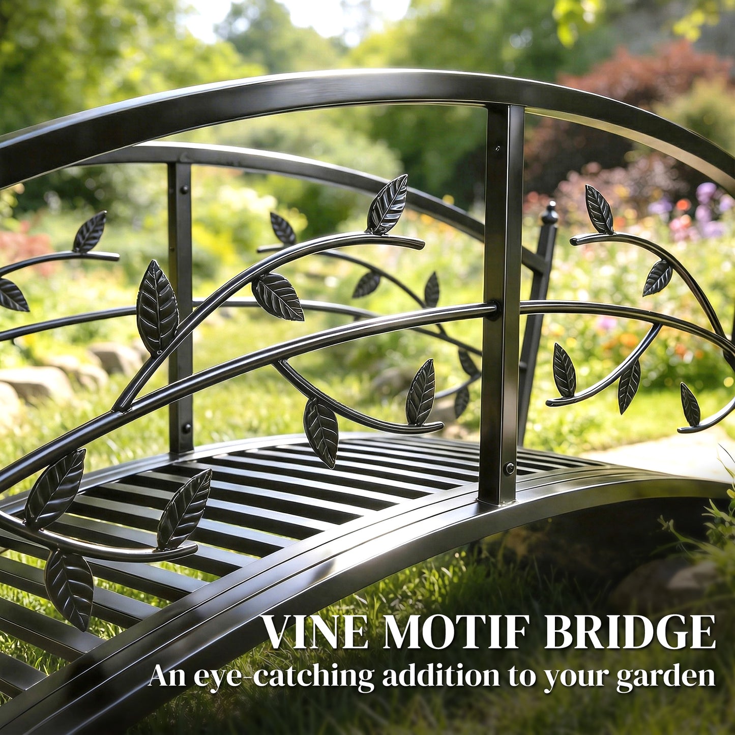 4 FT Metal Garden Bridge with Safety Railings, Outdoor Pond Bridge, Arch Decorative Footbridge for Creek Stream