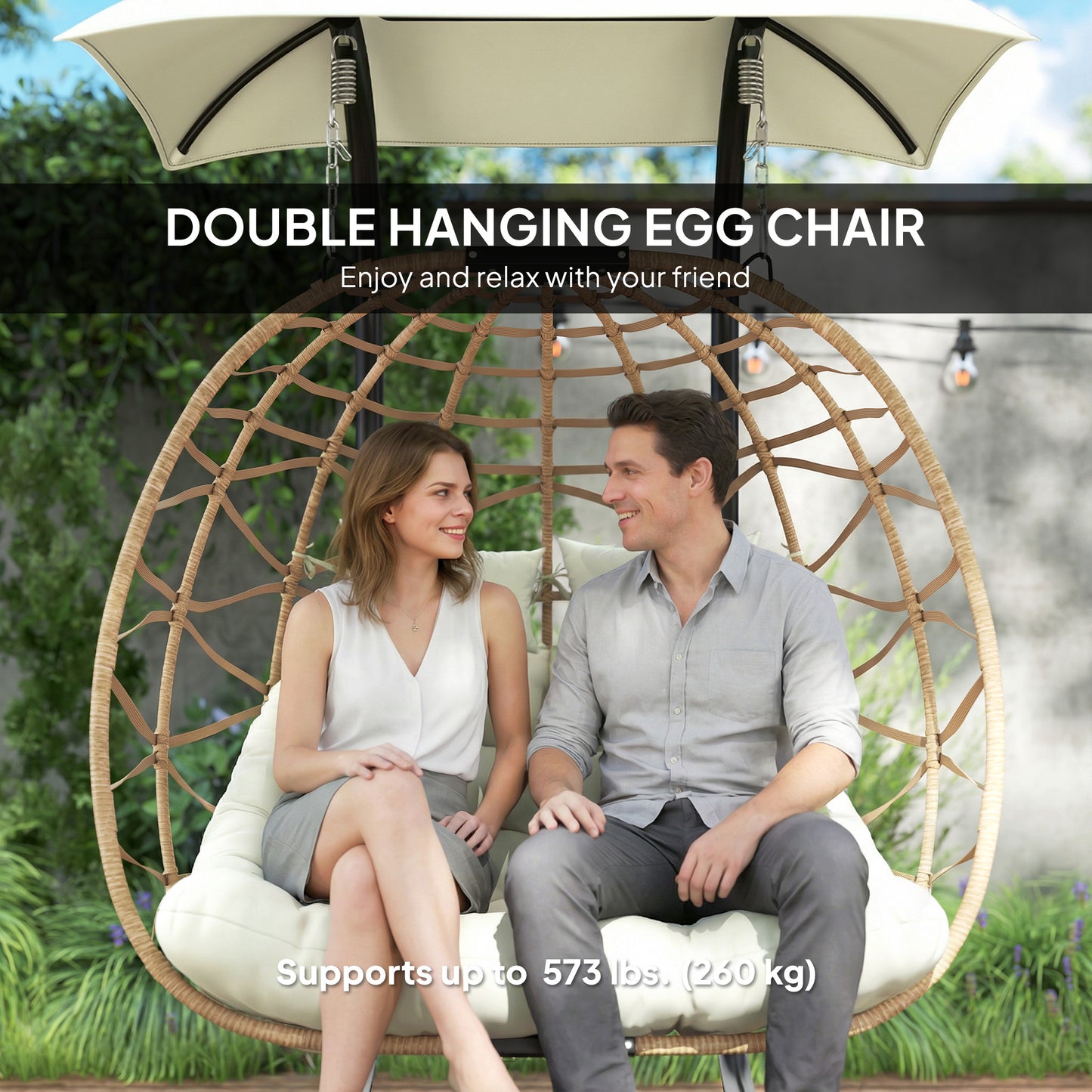 Double Wicker Egg Swing Chair with Canopy, Foldable Hanging Egg Chair with Stand Cushion Headrest, Beige