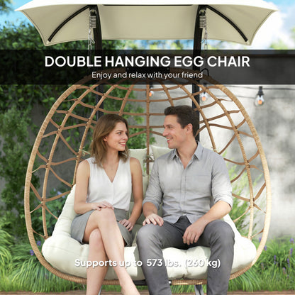 Double Wicker Egg Swing Chair with Canopy, Foldable Hanging Egg Chair with Stand Cushion Headrest, Beige