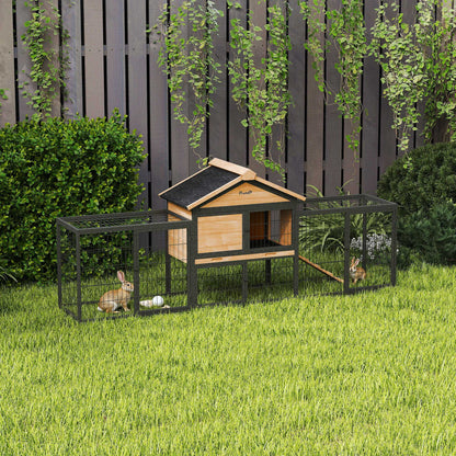 Rabbit Hutch Outdoor, 85"L Large Wooden Bunny Cage with Run Box, Removable Plastic Tray, Asphalt Roof, Ramp, Yellow