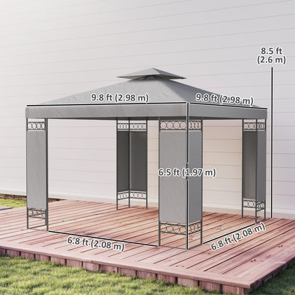 10' x 10' Canopy Gazebo, Double Roof Patio Gazebo with Screen Panels and Metal Frame for Deck, Backyard, Light Grey