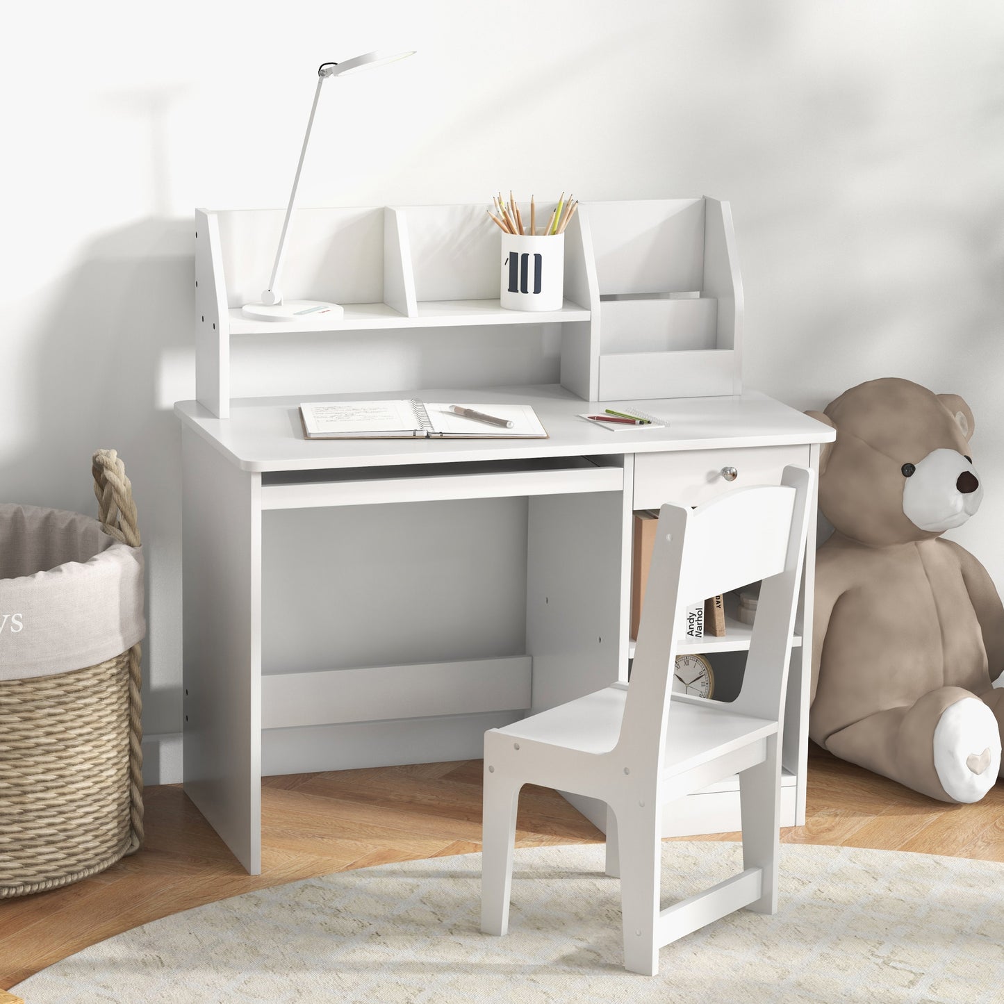 Qaba Kids Desk and Chair Set for 5-8 Year Old with Storage, Study Table and Chair for Children, White