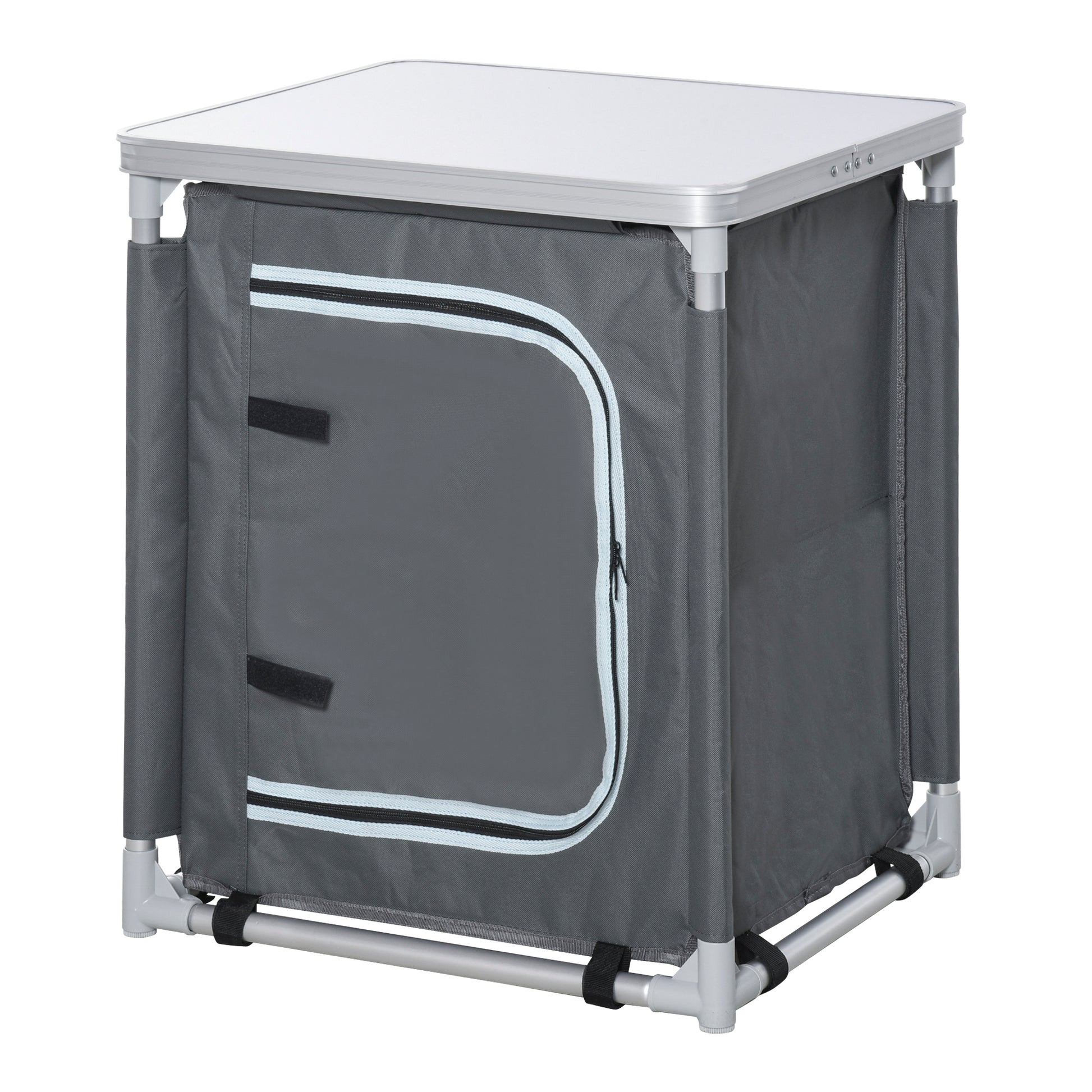 Camping Kitchen Station, Aluminum Camping Table Cook Cupboard with 2-Shelf and Carrying Bag for BBQ Party Picnics, Grey