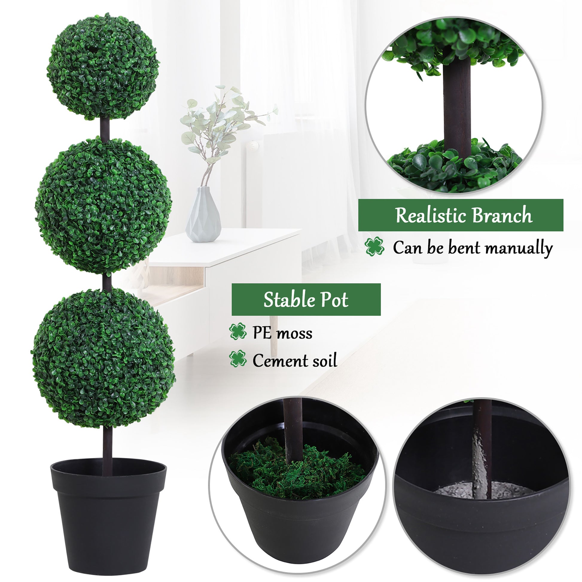 Set of 2 Artificial Ball Boxwood Topiary Trees, 44.1" Fake Plants in Pots for Outdoor Indoor Decor, Dark Green
