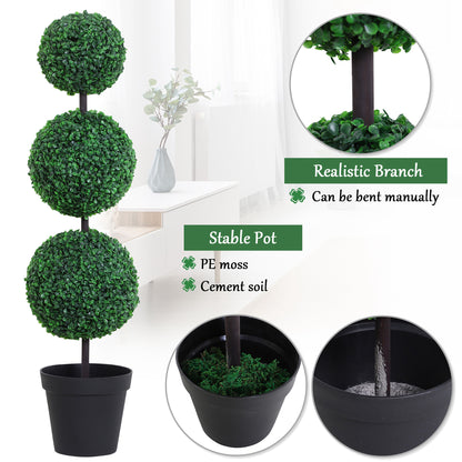 Set of 2 Artificial Ball Boxwood Topiary Trees, 44.1" Fake Plants in Pots for Outdoor Indoor Decor, Dark Green