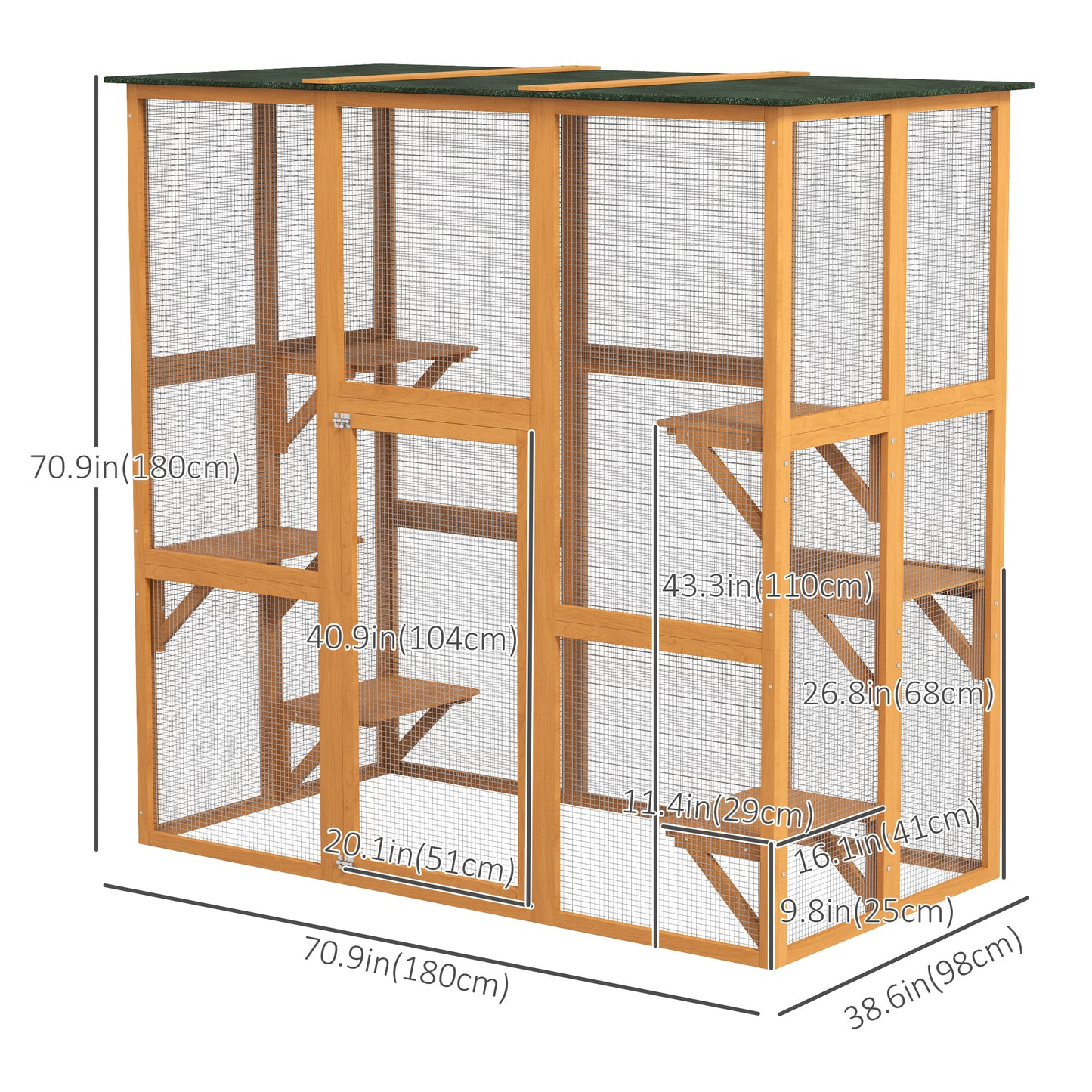 71" x 39" x 71" Cat Cage, Large Outdoor Wooden Cat Patio with 6 Balanced Platforms and Asphalt Roof, Orange