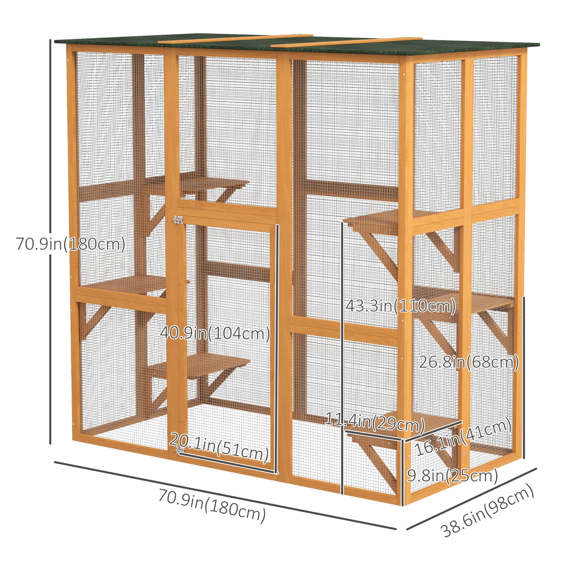 71" x 39" x 71" Cat Cage, Large Outdoor Wooden Cat Patio with 6 Balanced Platforms and Asphalt Roof, Orange