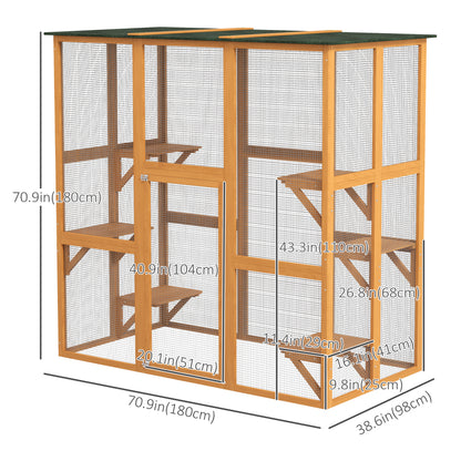 71" x 39" x 71" Cat Cage, Large Outdoor Wooden Cat Patio with 6 Balanced Platforms and Asphalt Roof, Orange