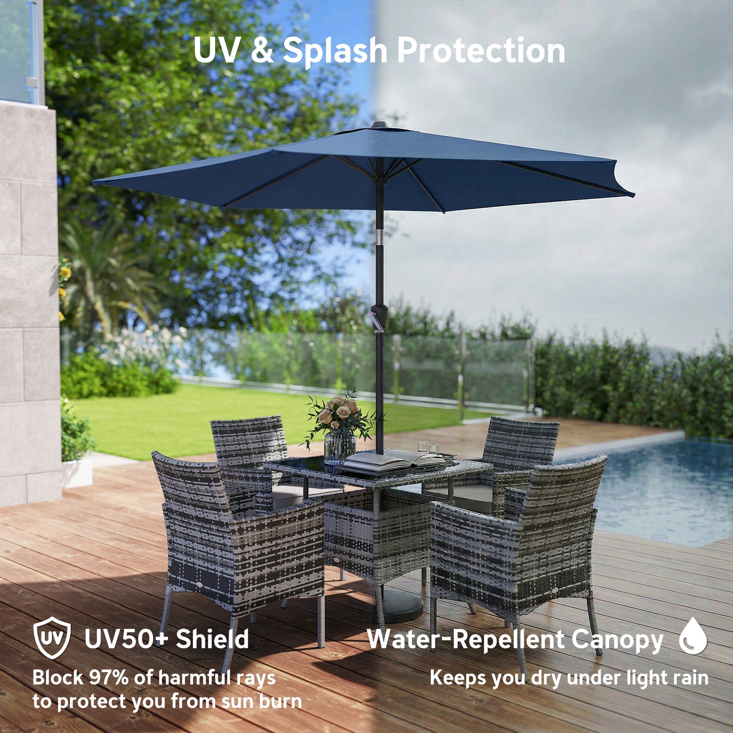 9FT Patio Umbrella, Outdoor Table Patio Umbrellith Tilt, Crank, 6 Ribs, UV Protection for Garden, Lawn, Deck, Backyard