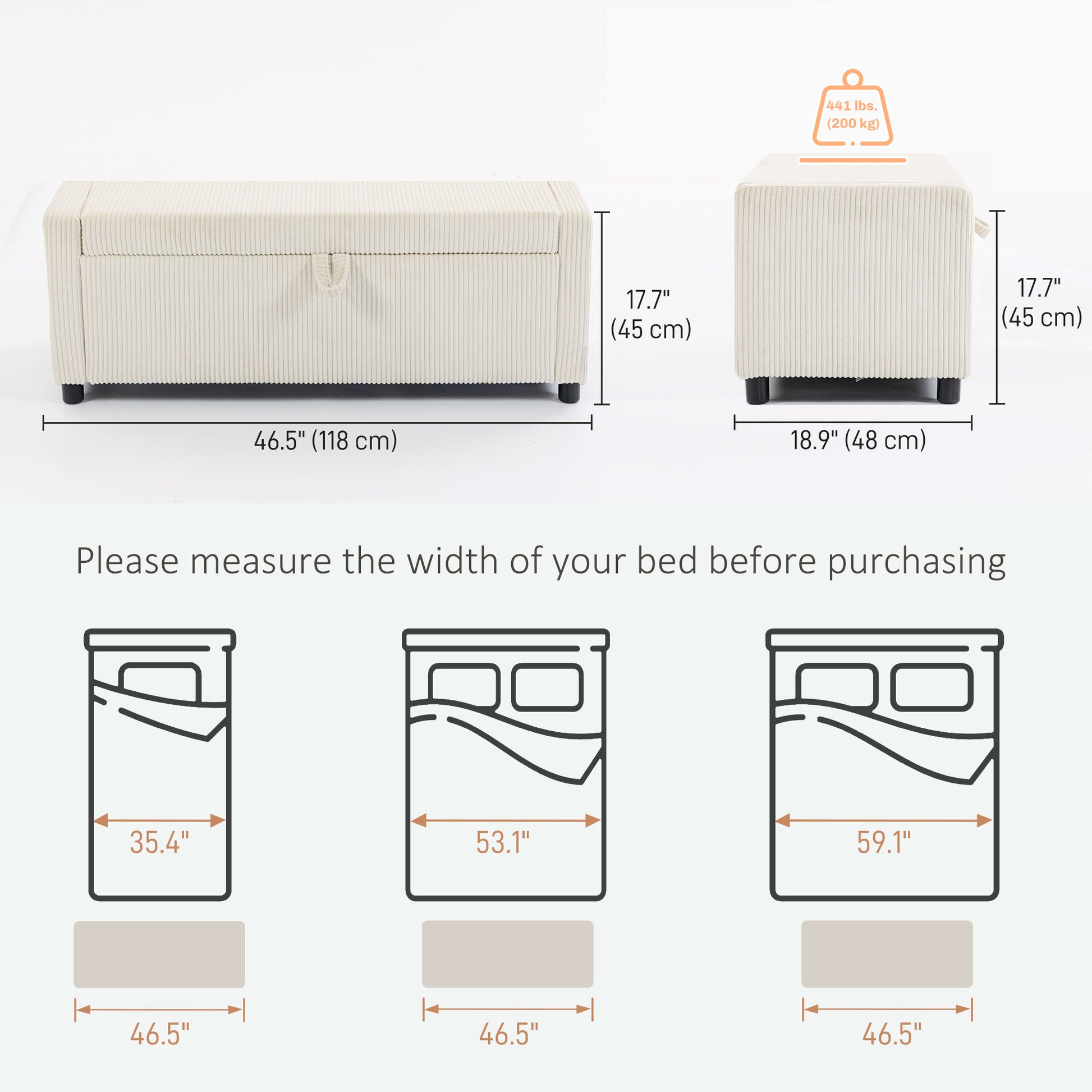 Storage Ottoman, Upholstered Corduroy End of Bed Bench with Thick Padding, Storage Bench for Bedroom, Beige