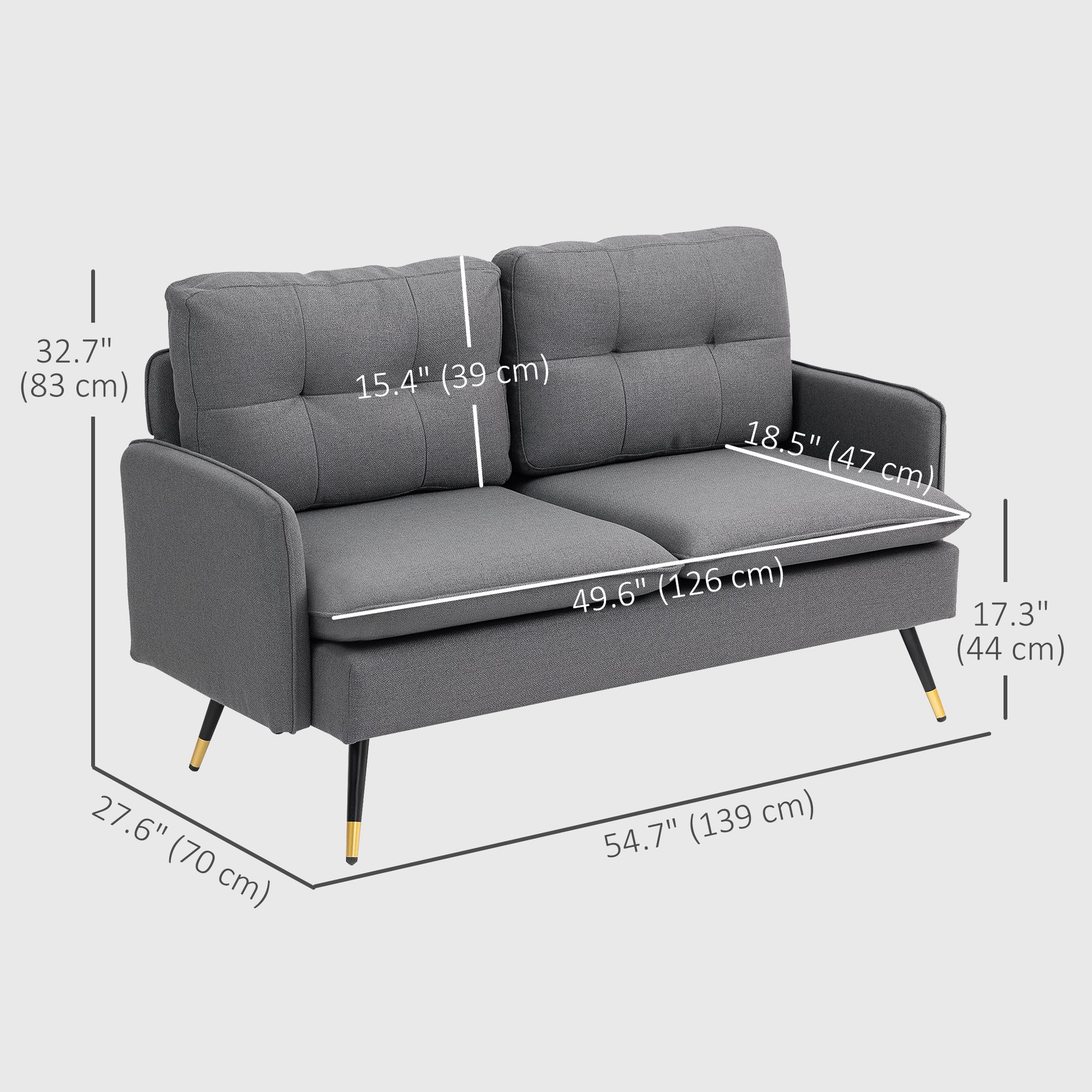 55" Loveseat Sofa, Linen Love Seat w/ S spring, Steel Legs and Button Tufting, Small Couch for Living Room, Dark Grey