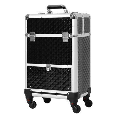 Portable Aluminum Makeup Train Cases, Rolling Makeup Case, Salon Beauty Cosmetic Jewelry Organizer Trolley with 4 Wheels, Black