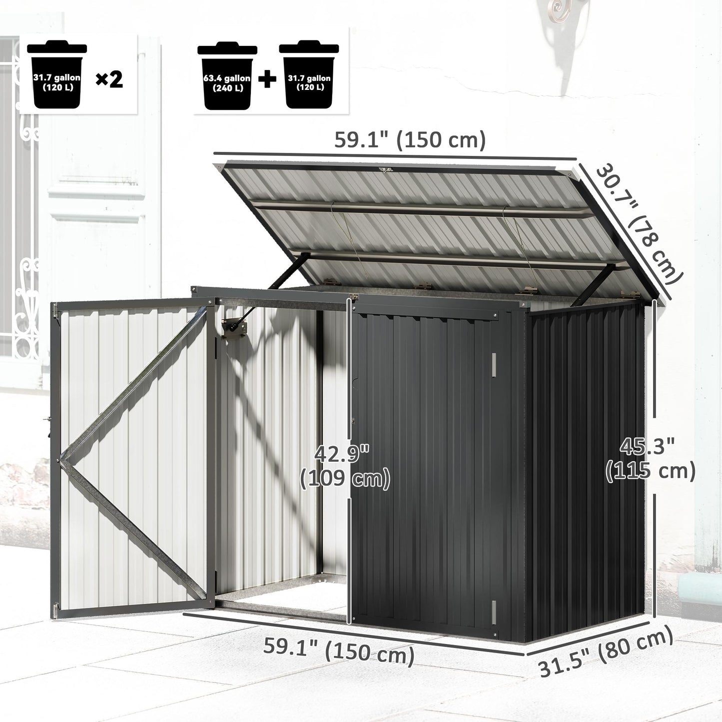 Outdoor Storage Shed Lockable Galvanized Steel Garbage Bin Shed Lift-up Lid for 2 Trash Cans