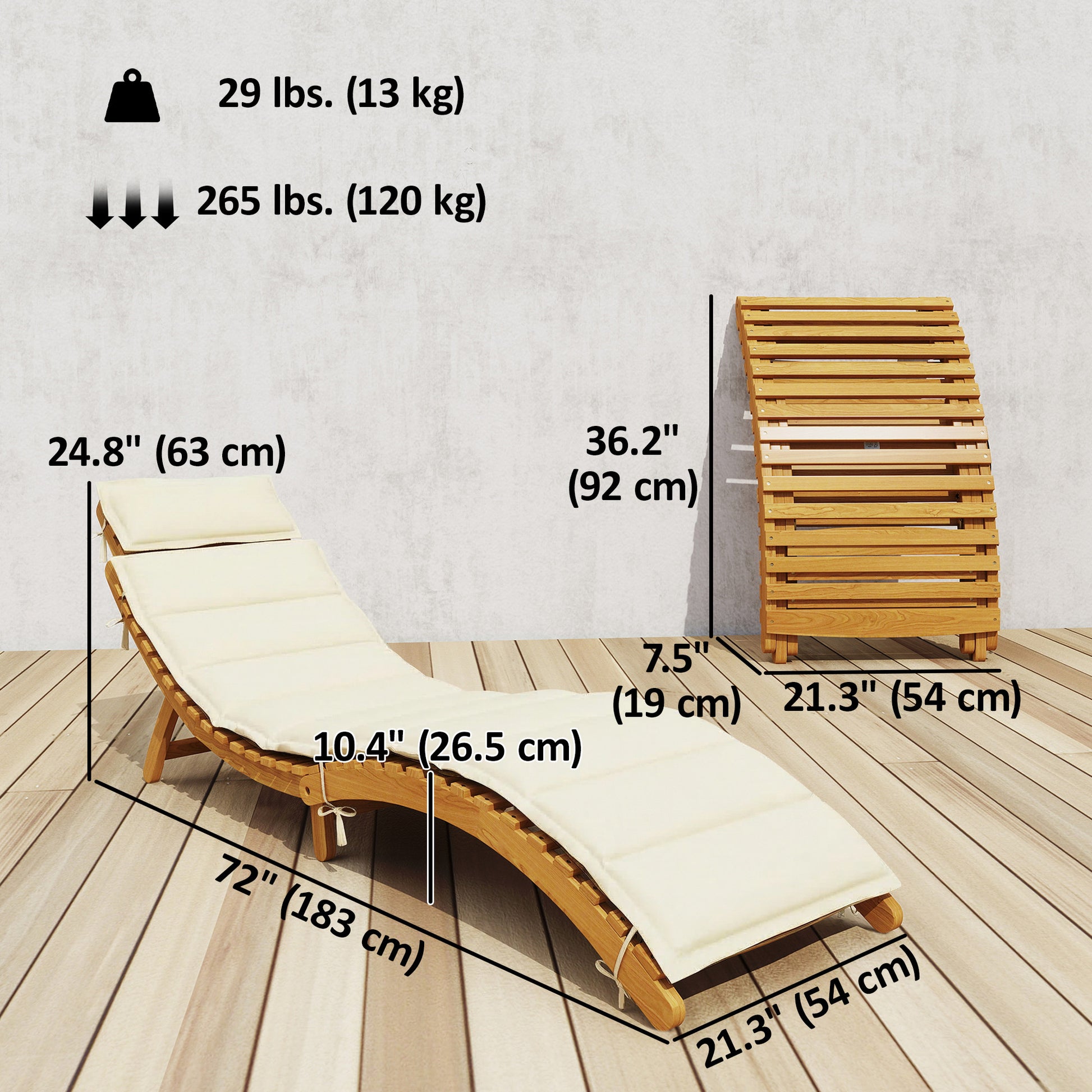 Folding Chaise Lounge Chair Outdoor, Acacia Wood Lounger Tanning Chair with Cushion, Headrest, Cream White