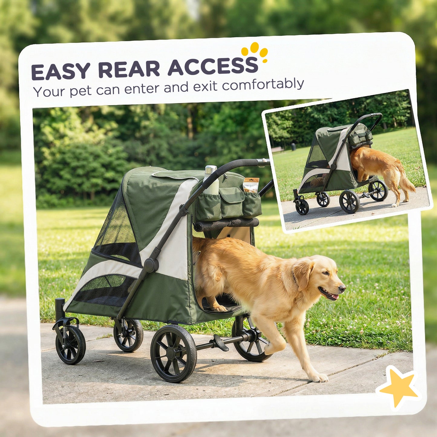 Foldable Pet Stroller for Large Dogs with Four Big Wheels, Shock-Absorbing Frame, Safety Leashes, Brakes, Dark Green
