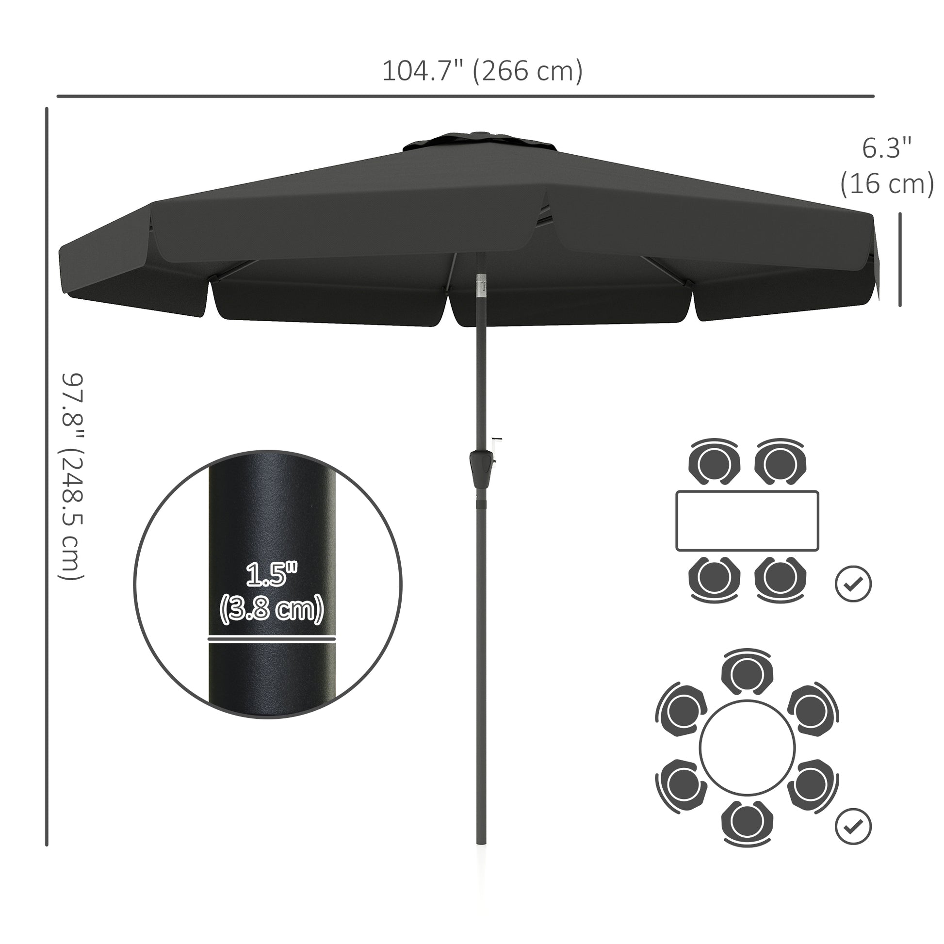 8.5 ft Outdoor Market Table Umbrella, Round Patio Umbrella with Tilt and Crank for Garden, Backyard, Deck, Black